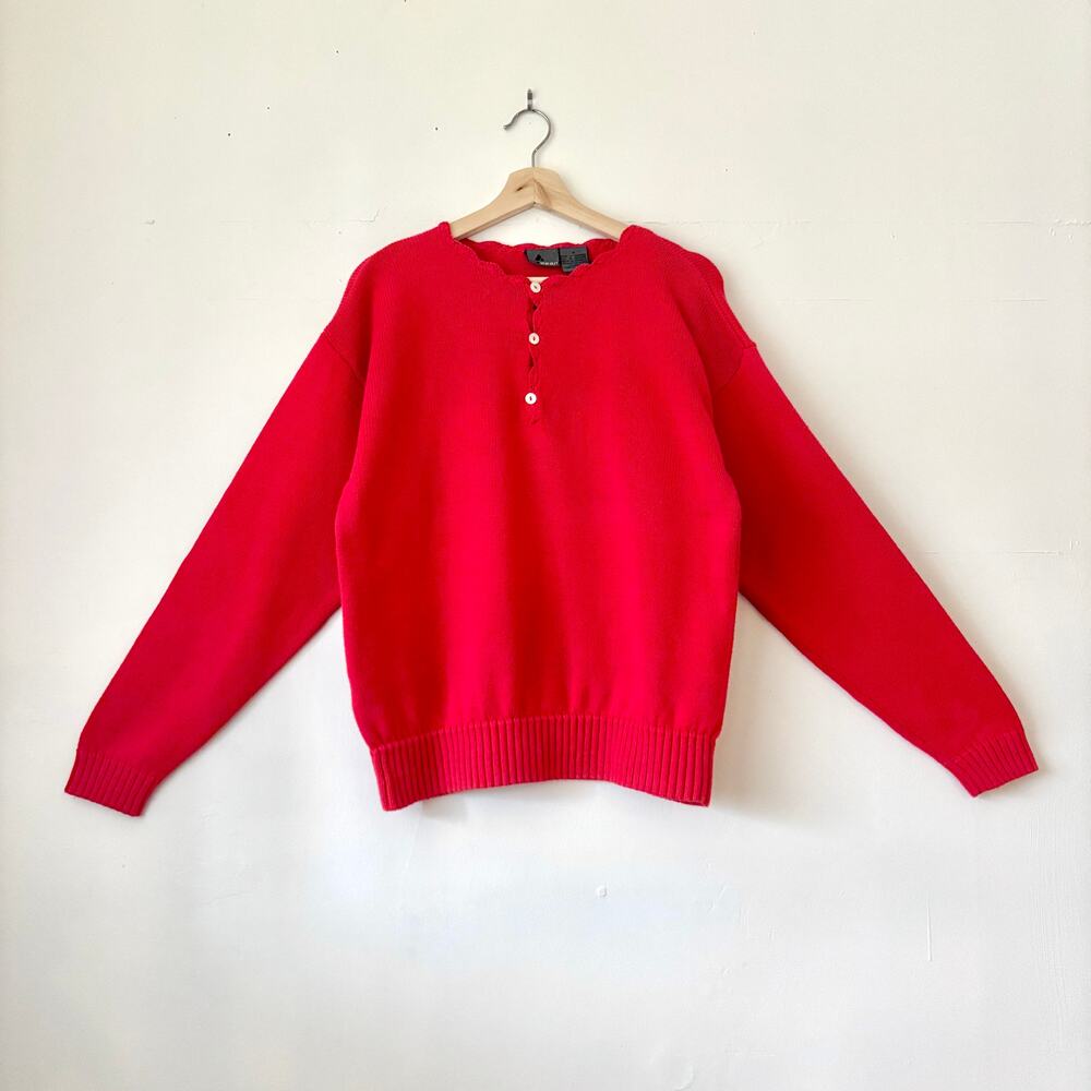 Vintage Women Cotton Scalloped Chunky Knit Red Sweater Fisherman Nautical SZ Med